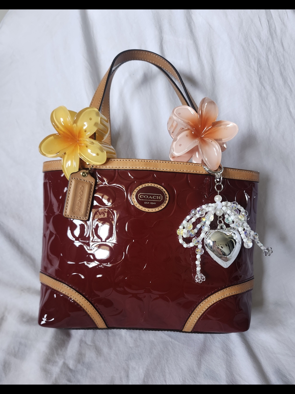 Coach Red Patent Leather Mini Tote Shoulder Bag with Tan Trim